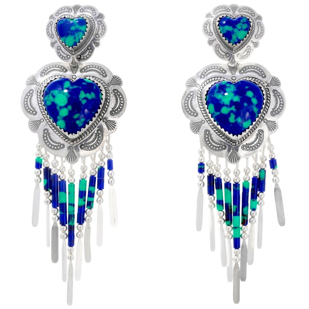 Blue Green Double Heart Fringe Sterling Silver Earrings